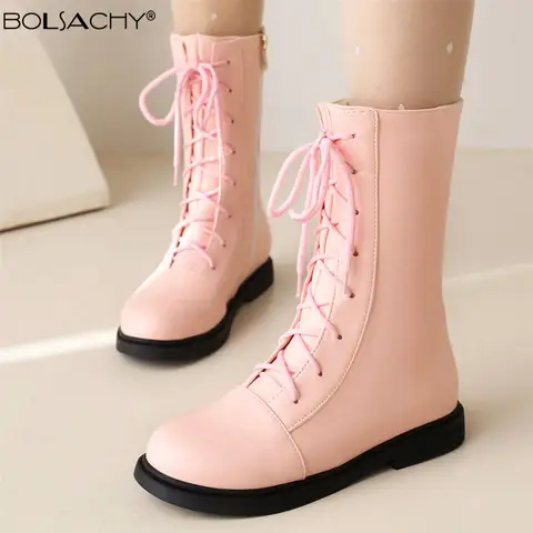 2026 Lace Up Ankle Boots Women Girl Fashion Cross Tied White Black Pink Chunky Heel Zip Cute Girls Shoes size 31 32 33 34 35 39