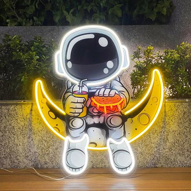 Imagem -03 - Astronauta Comer Hamburger Led Neon Acrílico Arte Sinais de Néon Personalizados para Sala de Estar Quarto Wall Decor Lights