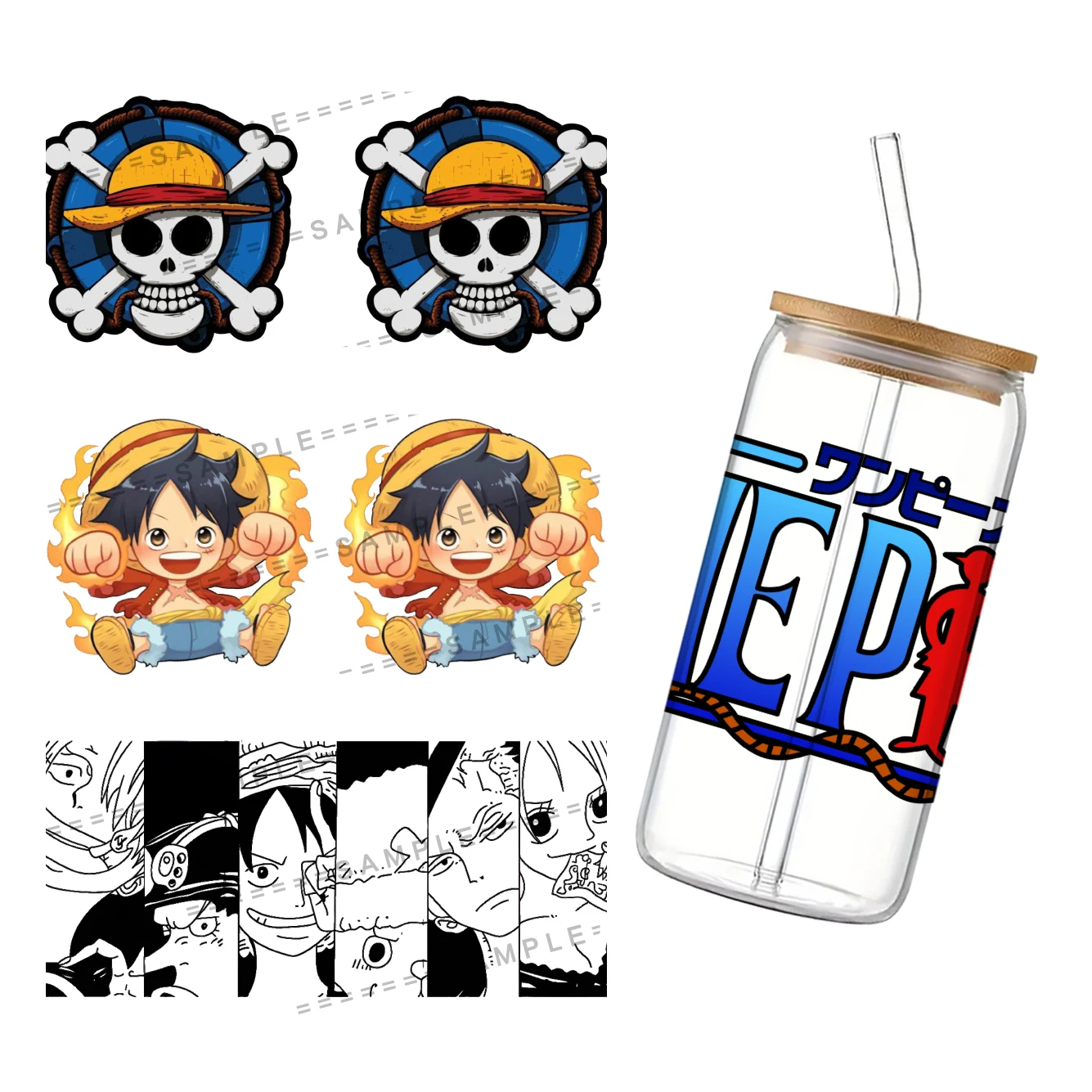 Japanese Cartoon One Piece UV DTF Transfer Sticker Waterproof Transfers Decals For 16oz Glass Cup Wrap Stickers