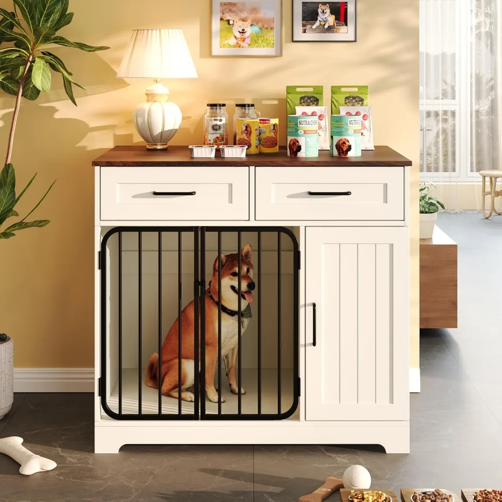 

37.4" Dog Crate Furniture, Sturdy Indoor Dog Kennel with 2 Drawers and Storage Cabinet, Modern Furniture Dog Crate Side End Tabl