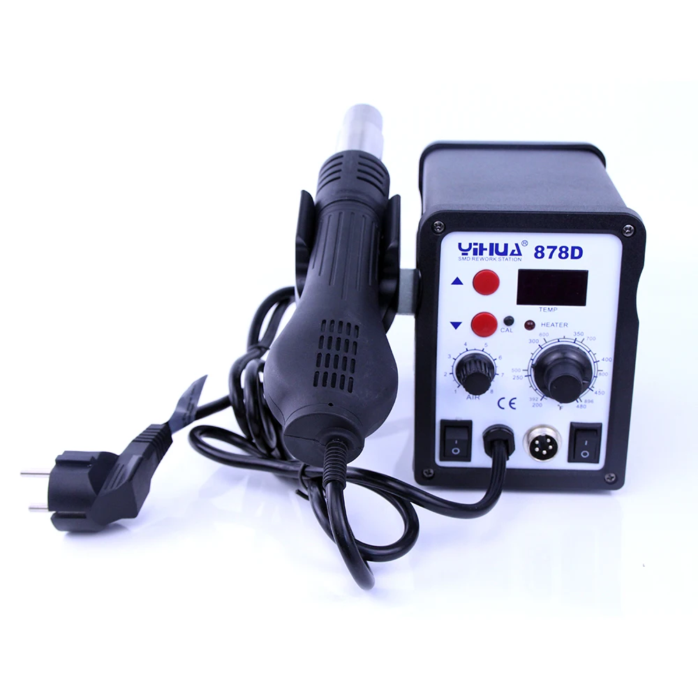 Yihua เครื่องเชื่อมปืนลมร้อน878D 220V 110V พร้อมอุปกรณ์เชื่อมสายไฟลมร้อน907a สถานีเครื่องเชื่อมเหล็ก