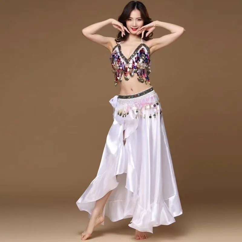 ベリーダンス練習セット-女性用-スパンコール-ノースリーブトップ-セクシーなスプリットロングスカート-2点セット-大人用オリエンタルダンスパフォーマンスコスチューム