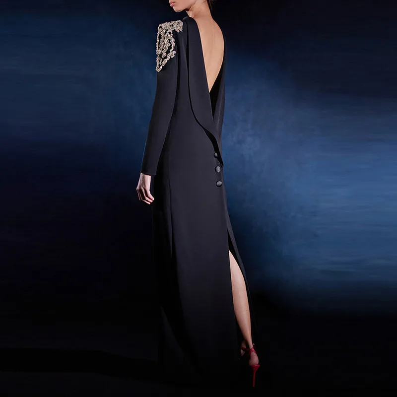 

VC Black Long Dress Women's Stylish Long Sleeves Backless Diamond Beaded Crystal Embellished Maxi Party Evening Gown Vestido