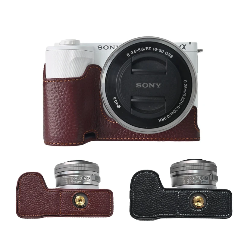 ZVE10M2 Genuine PU Leather Camera Bag Half Body Case For Sony ZV-E10 II ZVE10 Mark II ZVE10II Litchi Pattern Bottom Open Cover