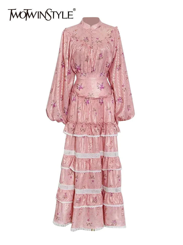 

TWOTWINSTYLE Printing Two Piece Set For Women Stand Collar Long Sleeve Tops High Waist Spliced Folds Skirt Casual Sets Female