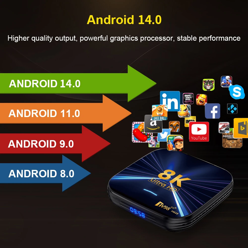 صندوق تلفاز Salange TV98 H618 بدقة 8K Ultra HD يدعم أكثر من 4000 تطبيق في متجر Google Play، نظام تلفاز ذكي يعمل بنظام Android، متوافق مع HDMI