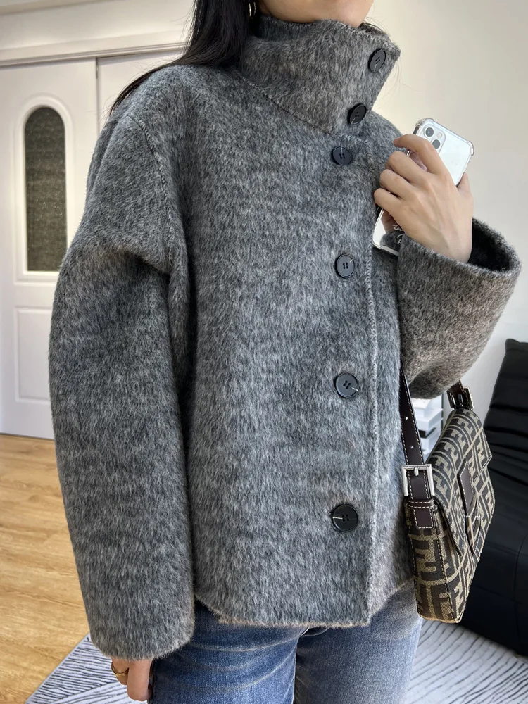 Cappotto di coniglio di lana Cashmere a doppia faccia da donna di fascia alta cappotto di pelliccia lungo monopetto da donna corto autunno inverno