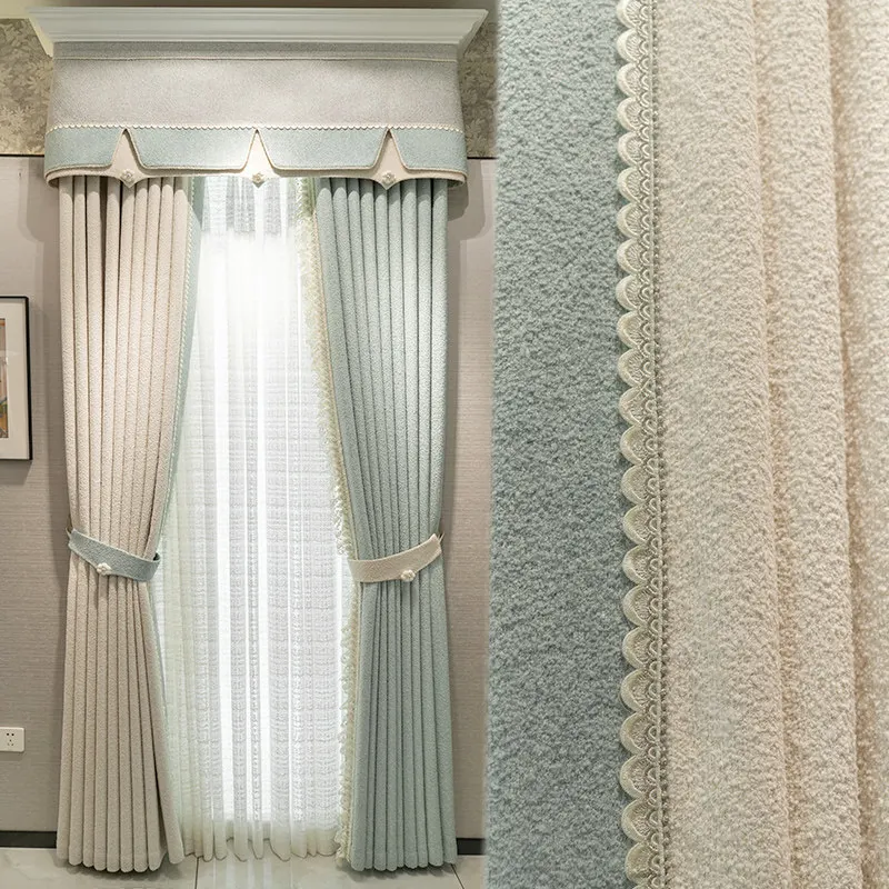 New Pastoral Mint Beige Stitching Thickened Chenille Blackout Curtains for Living Room Bedroom Balcony French Window Valance