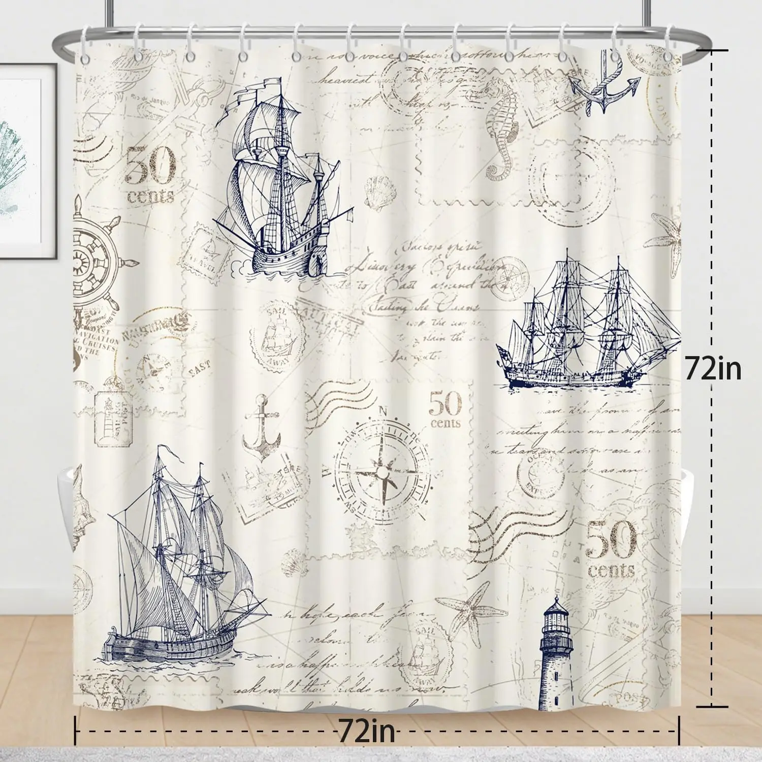 Retro Nautical Map Shower Curtain Coastal Sailor Ship Drawing Bathroom Home Decor Vintage Ocean Print Curtain Liner