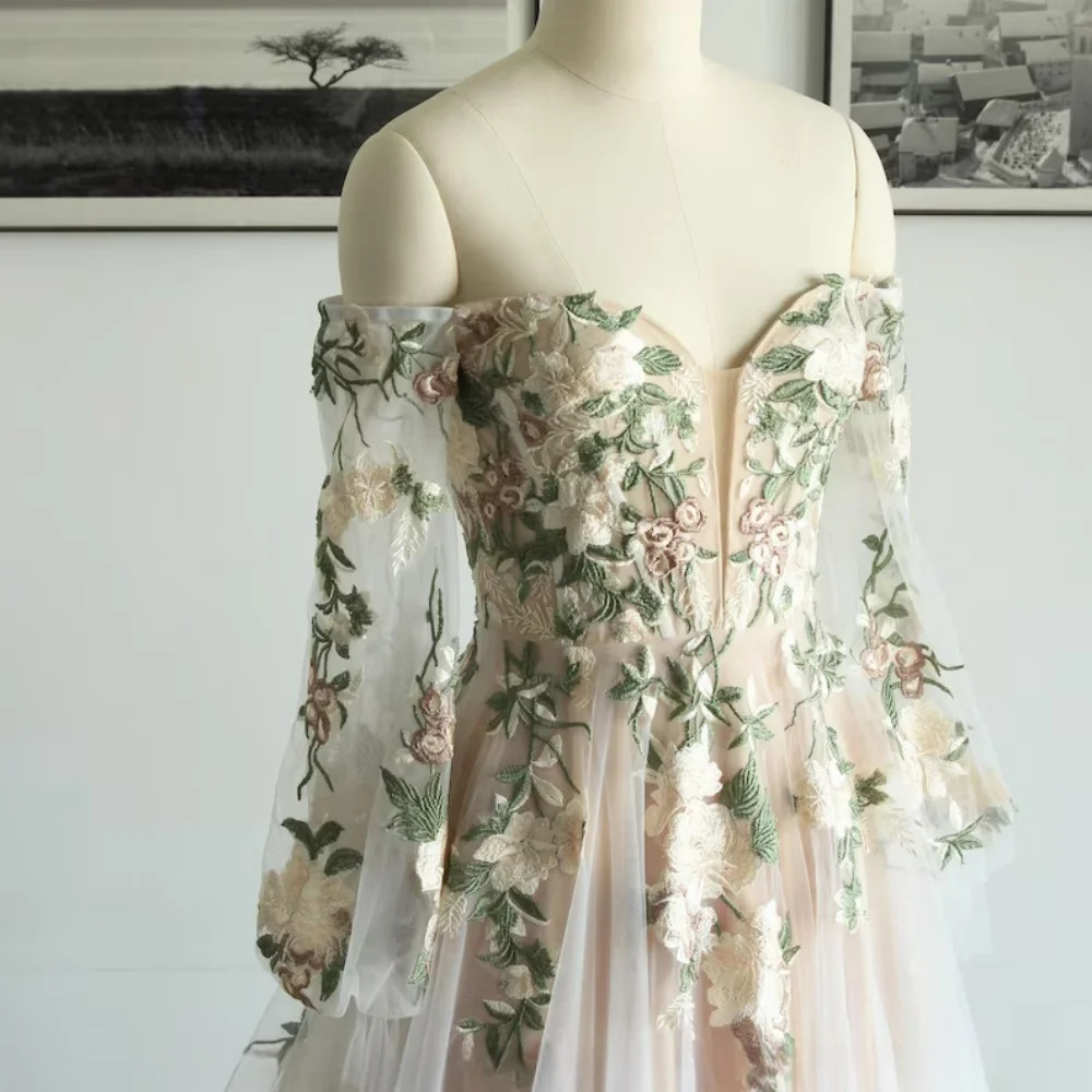 Amanda Maßgeschneiderte 3D-Blumen-Stickerei, eine Schulter, Ballkleider, trägerlos, Netzstoff, Vestidos de Noche, A-Linie, formeller Abend