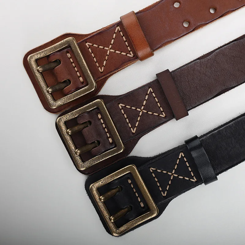 Men's High-end Sense Cowhide Belts,Man Brass Double Buckle Design Genuine Leather Suitable for Workwear Casual Style Retro Belt