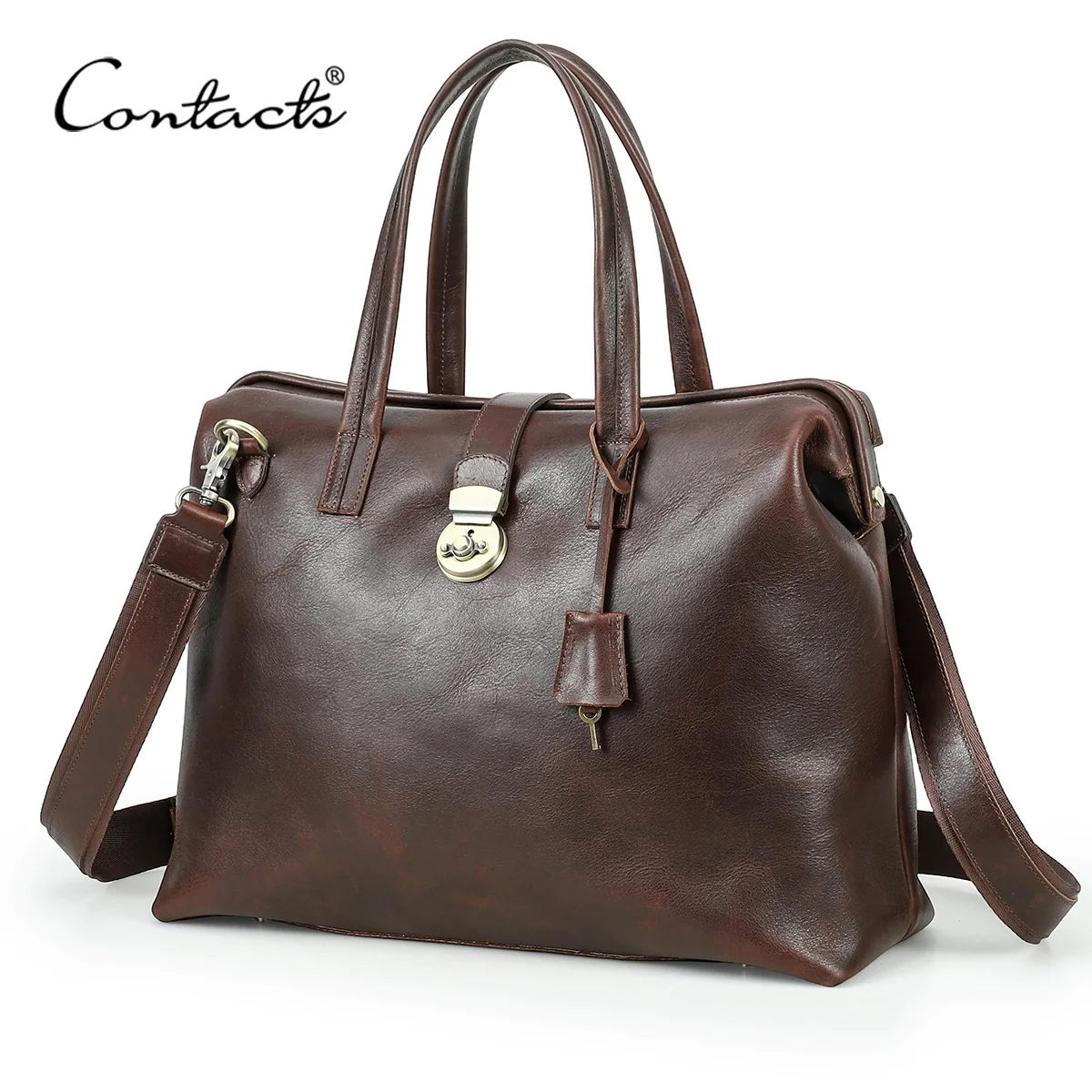 CONTACT'S Genuine Leather Business Bags for Men Metal Frame Doctor Bag Briefcase Shoulder Tote Laptop Bags for 14“ Macbook Pro