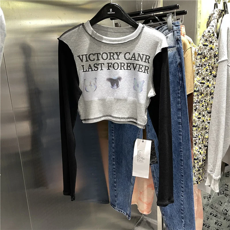 

Short Sleeveless Women's T-shirt Splice Design Base Shirt Korean Style round Neck Polyester Cotton Blend Autumn Fashion