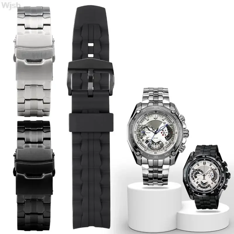 22mm For Casio EF-550 Men\'s Stainless Steel Watchband EDIFICE Series Bracelet Waterproof Silicone Rubber Strap