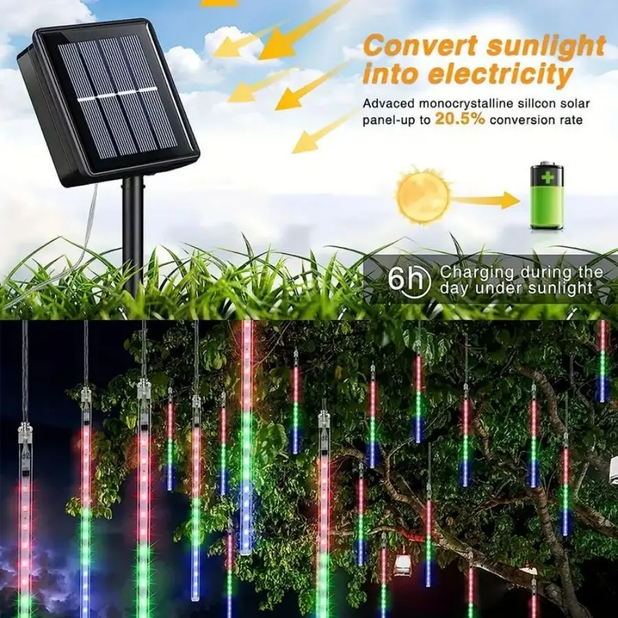1pc Solar 30cm Meteor Rain String Lights Meteor Shower 8 Tubes 192LEDs,Waterproof Falling Raindrop Fairy Lights
