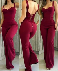 Seksi tulum kadınlar 2024 yaz moda mizaç Sweatheart boyun kalın kayış Backless dantel-up zarif sıska uzun tulum