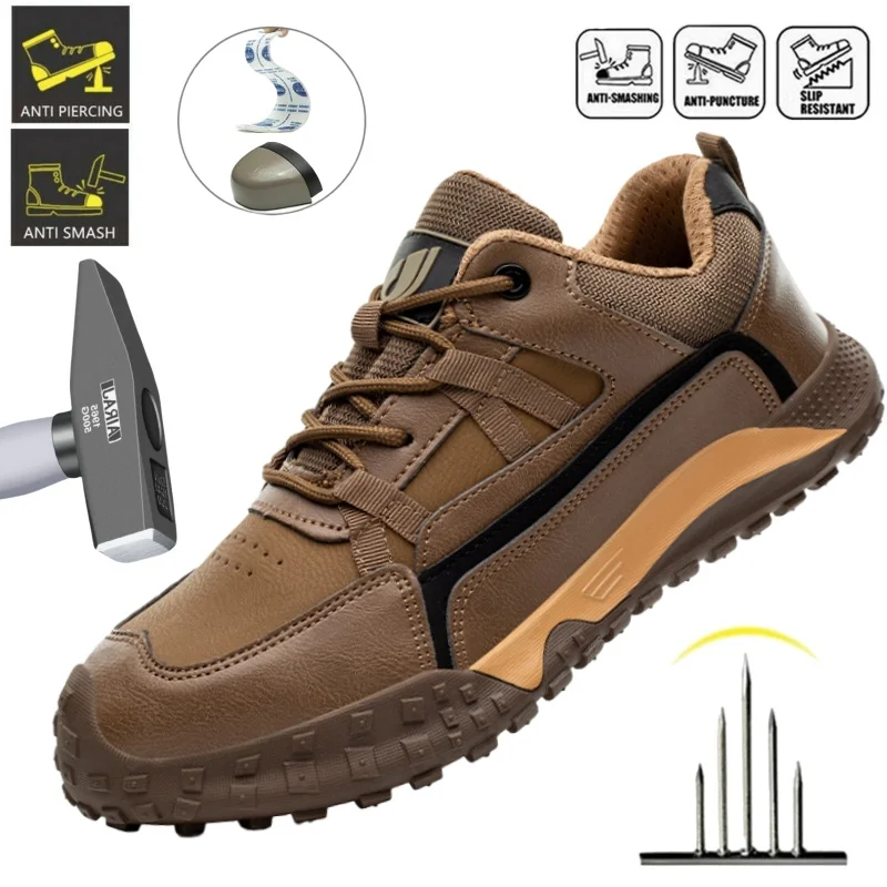 New Safety Men Work Sneakers Anti-smash Indestructible Shoes Steel Toe Protective Boots Anti-puncture Brown Work Safety Shoes