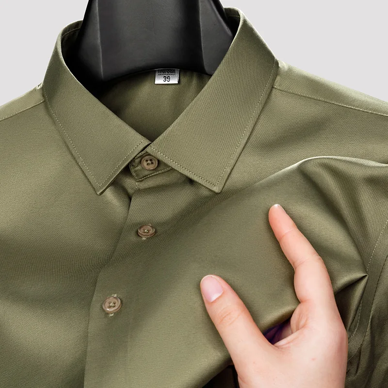 Men Shirt Non-Ironing Anti-Wrinkle Business Casual Solid Color Elastic Smooth Long-Sleeve Work Social Blue-White Dress Shirt 5XL