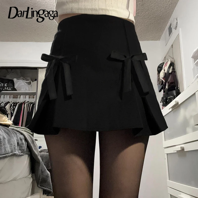 Darlingaga Fashion Chic Satin High Waist Mini Skirt Women Bow A-Line Solid Slim Dark Academia Summer Skirts Gothic Preppy Style