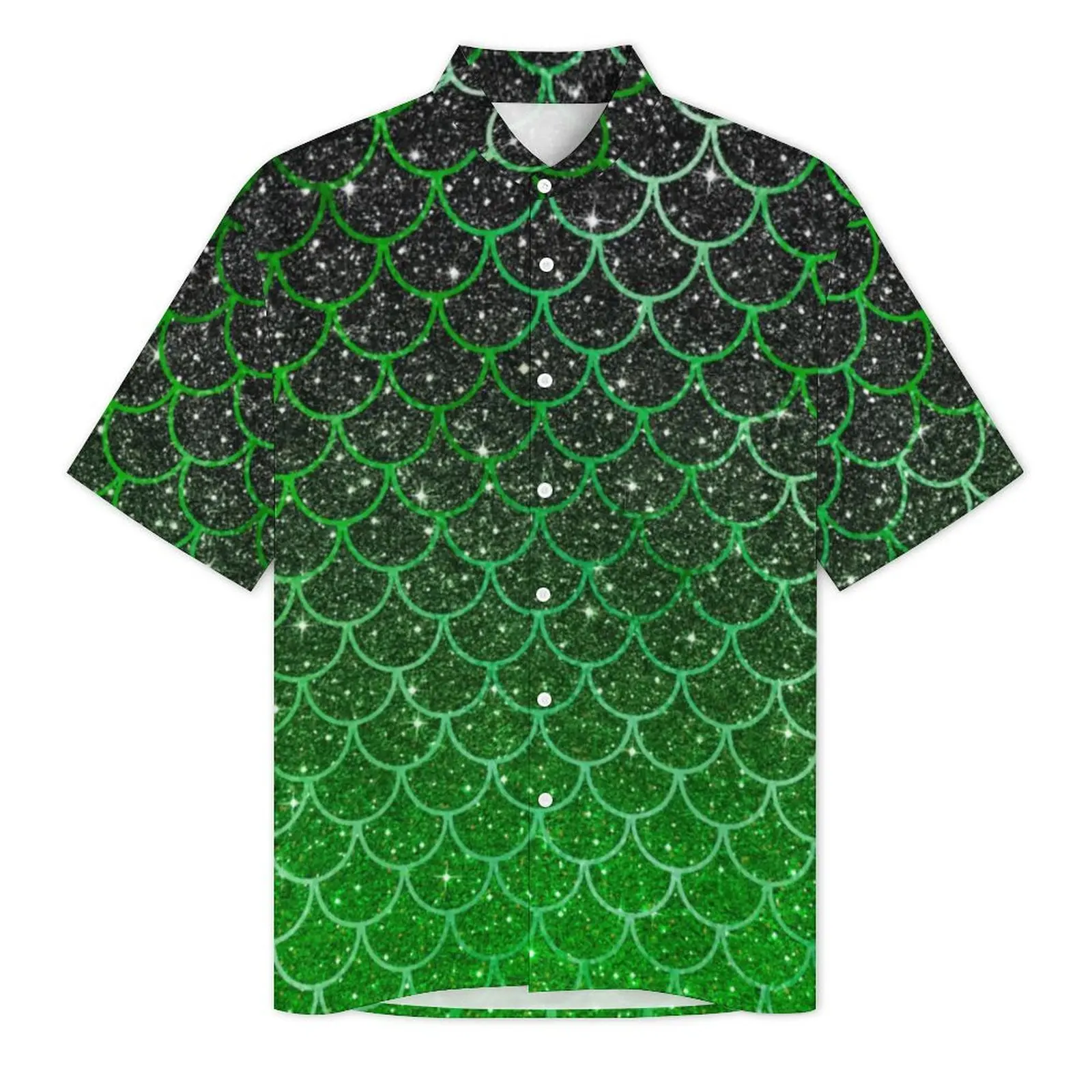 Green Mermaid Scales Beach Shirt Male Ombre Glitter Print Retro Casual Shirts Hawaiian Short Sleeves Stylish Oversized Blouses