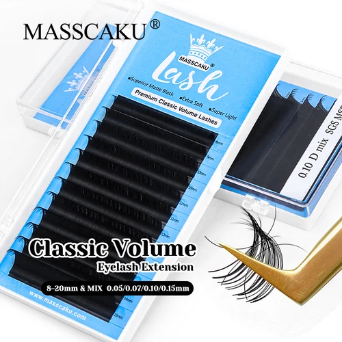MASSCAKU 0,05/0,07/0,10/0,15mm de espesor fibra de terciopelo Premium pestañas de volumen clásicas pestañas regulares de Cachemira esponjosas negras mate