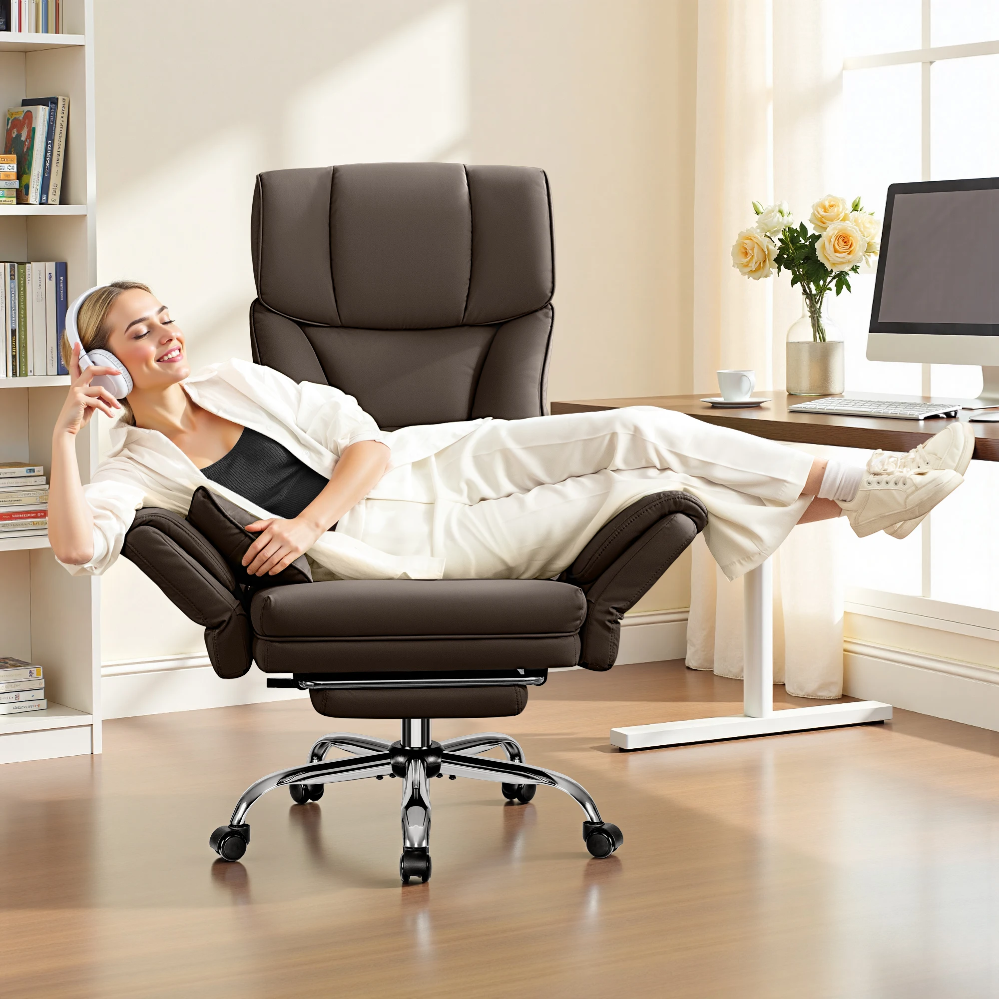 KERDOM 500lbs Big and Tall Office Chair with Flip Armrests and Wide Seat, Home Office Desk Chairs with Adjustment Lumbar Support, for Pets and Cross Legged Sitting, Headrest PU Leather Executive Chair, Metal Base & Quiet Rubber Wheels, Brown
