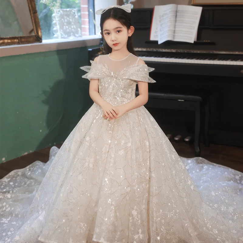 Girls' Dress 2025 New Fashionable Children's Runway Tail Princess Dress Host Little Girl Puffy Tulle Spring Summer