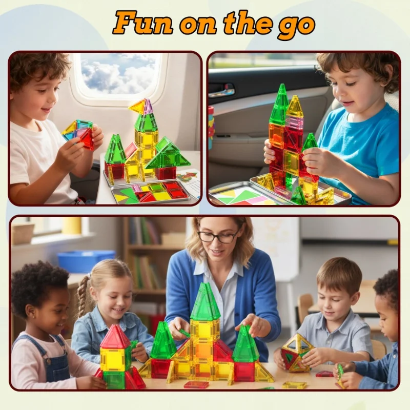 Mini Magnetic Tiles Travel Magnetic Tiles with Iron Box Car Airplane Travel Essentials Creative STEM Toys for Kids Birthday Gift