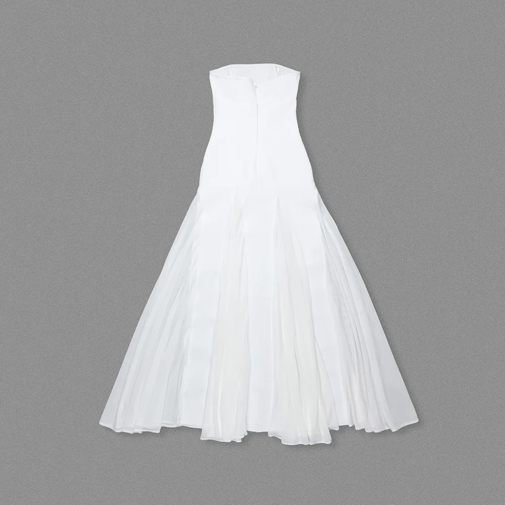 Vestido de noche de fiesta, vestido largo ajustado con diseño fruncido blanco para mujer, sin tirantes, línea A, plisado, trajes de cóctel de cumpleaños para celebridades