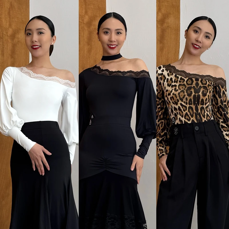 

2025 New Ballroom Dance Tops Slant Shoulder Lace Puff Sleeved Bodysuit Adult Latin Rumba Salsa Dance Performance Clothes BL15975