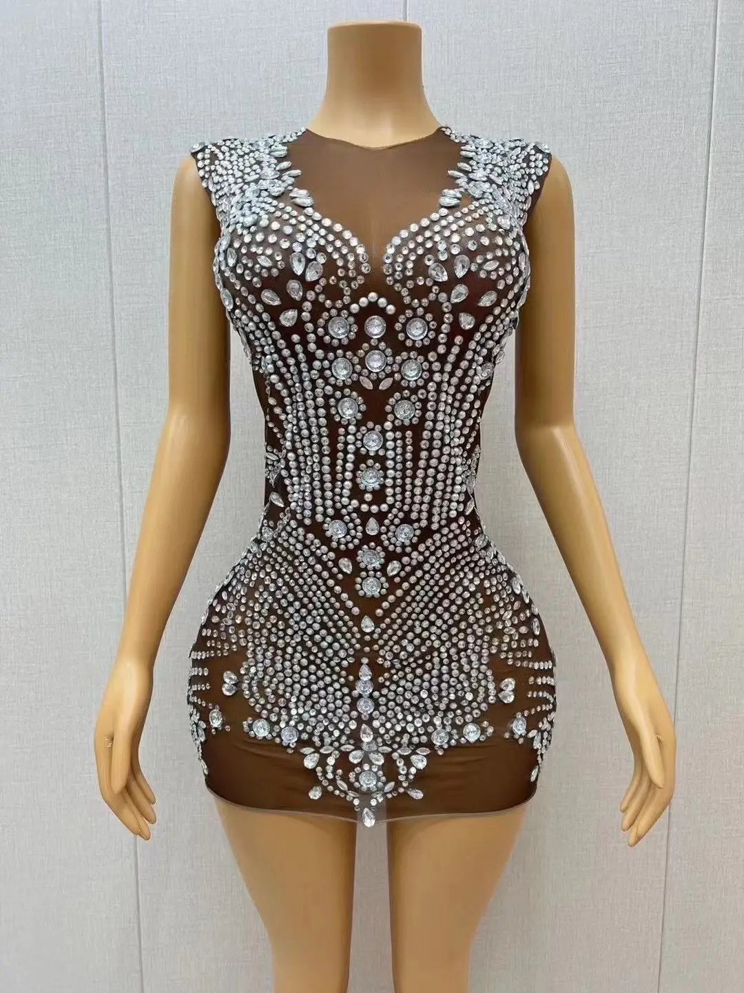 Silver Crystals Birthday Sexy Brown Dress Evening Celebrate Transparent Mesh Stage  See Through Performance Sleeveless Outfit