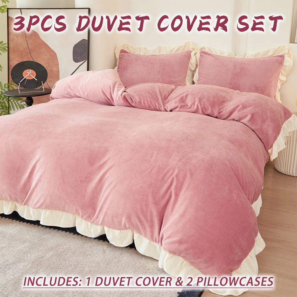 

3 шт. розового кружевного пододеяльника 1 пододеяльник и 2 наволочки Высококачественный молочный флис Теплый и приятный для кожи Мягкий и удобный