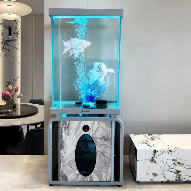 The new ultra-white glass fish tank vertical side few living room self-circulation tubular filtration floor-to-ceiling
