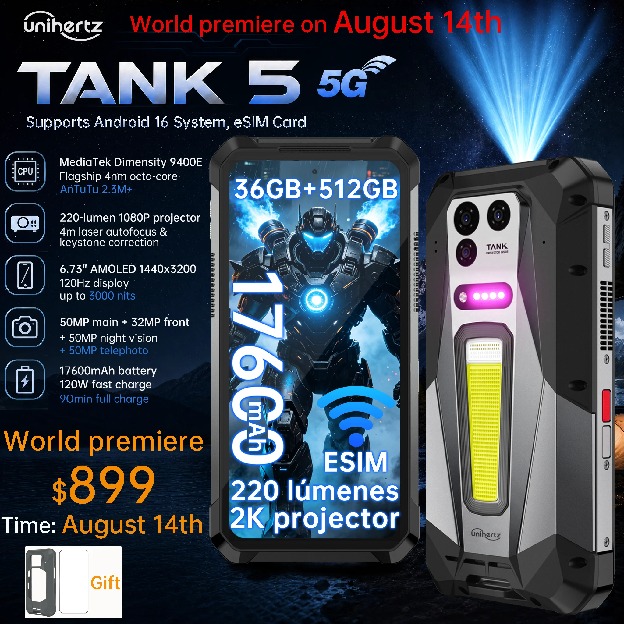 Smartphone robuste Unihertz 8849 TANK 5 - Premier projecteur 2K au monde, processeur 9400e, écran AMOLED 3K, 18 Go + 1 To, batterie 17600 mAh, compatible eSIM, WiFi 7