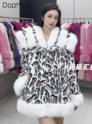 Faux Fur Coat 2024 New Classic Leopard Print Shawl Collar European Mink Women Fur Coat Winter Coat Mid Length Fluffy Jacket