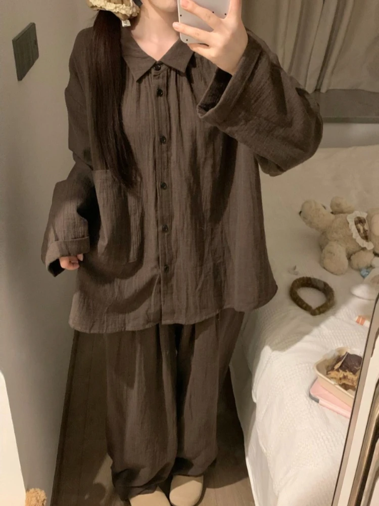 

Japanese retro simple casual style women's two-piece long sleeved pajamas set Spring and Autumn women's high-end home wear