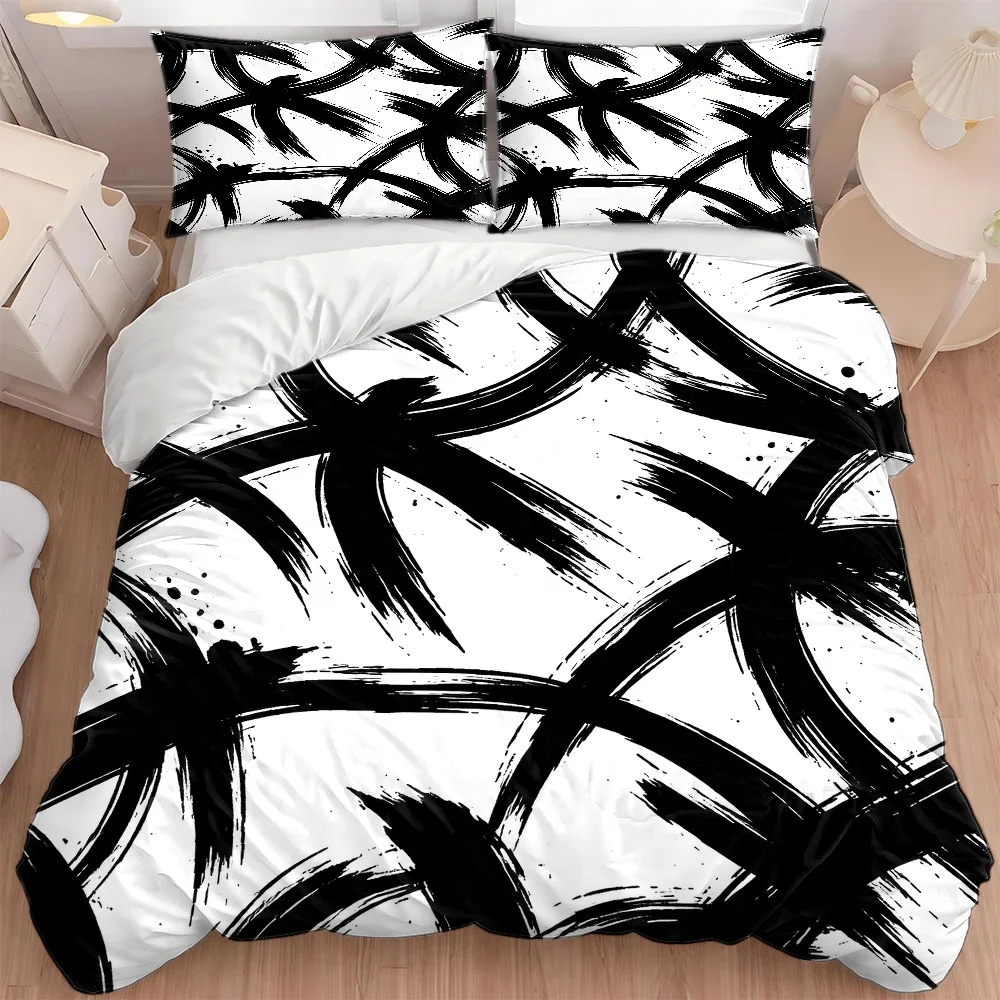 3Pc Abstract Art Brushstroke Pattern Duvet Cover Set, Three-Piece Bedding Set (1*Duvet Cover + 2*Pillowcases), Suitable for All Seasons, Machine Washable, Invisible Zipper Design, Large Double Bed Cover, Suitable for Home, Dorm, Master Bedroom, Guest Room, Trendy Black and White Graffiti Style Bedding Set, Comfortable and Skin-Friendly Bedroom Bedding Set, Hot-Selling Creative Printed Bedding Set 2D Flat Print