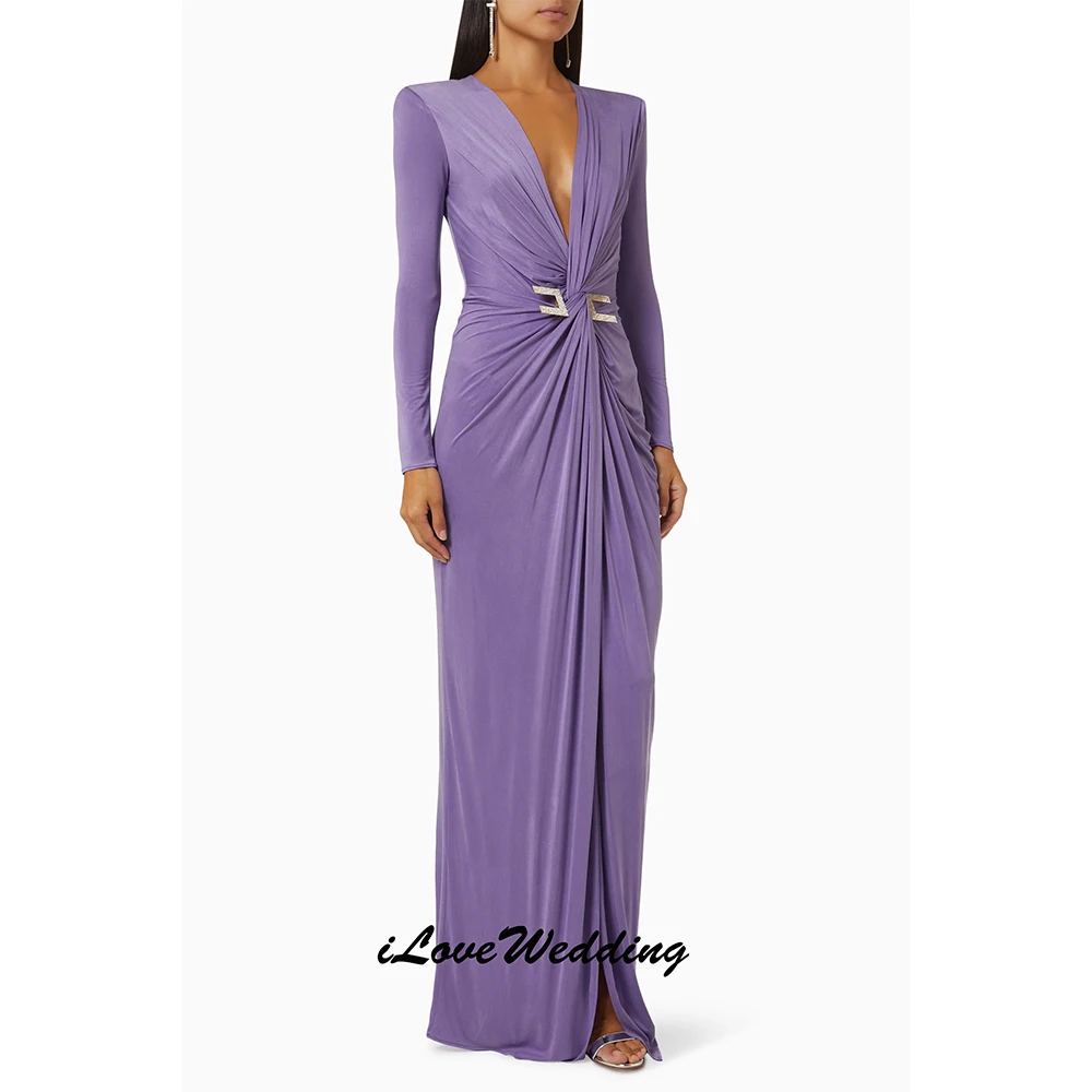 

Black V-neck Evening Dresses 2025 Long Sleeve Belt Mermaid Side Split Floor-Length Arabic Pleated Wedding Party Dress Customize