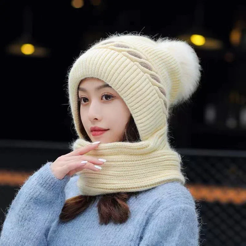 Women Winter Hat Scarf Set Knitted Thick Warm Fashion Cap and Scarf Integrated Sets New