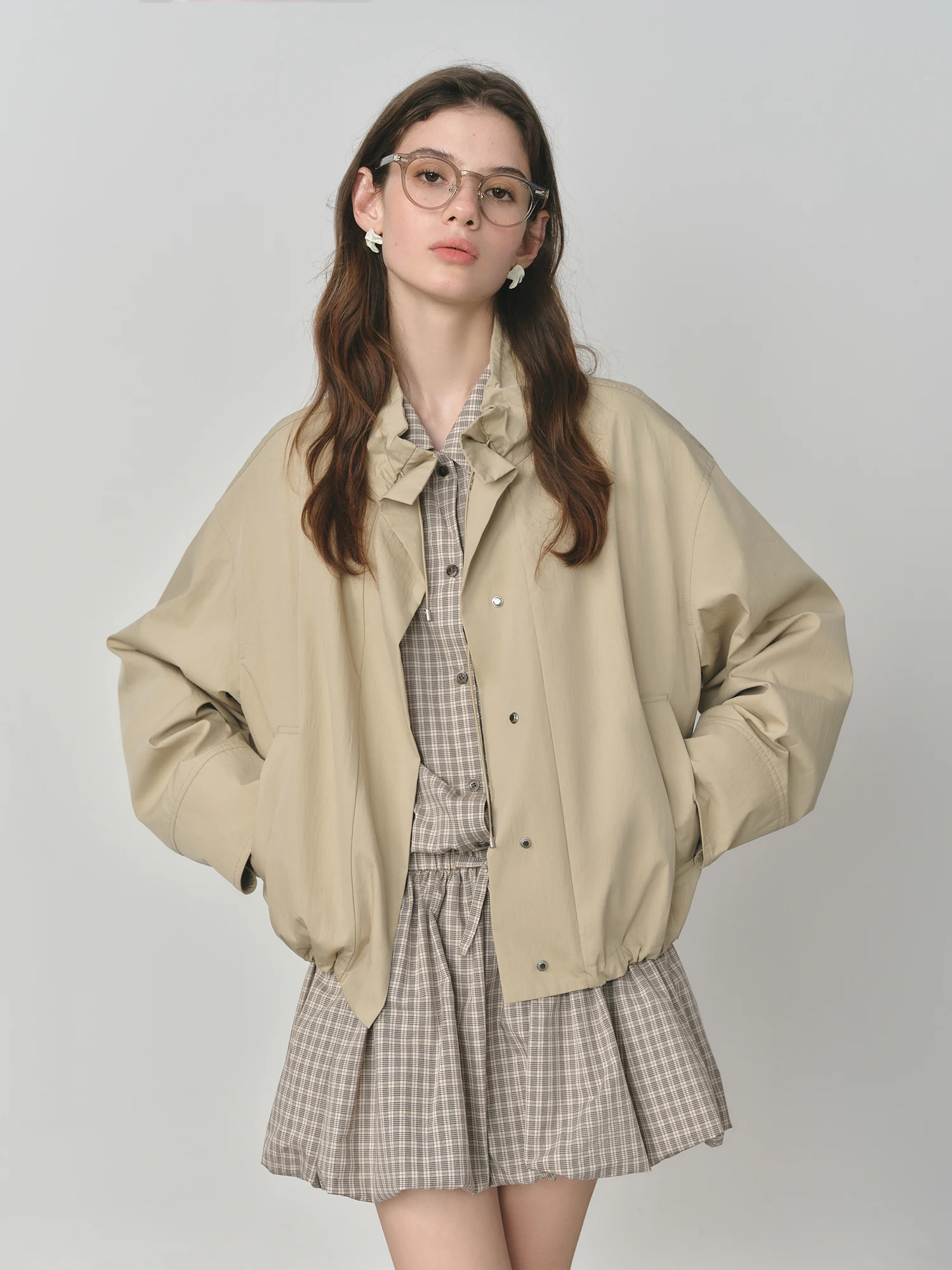 FSLE 2025 Veste utilitaire vintage pour femme - Manteau court d'automne décontracté à manches bouffantes avec cordon de serrage et style grange