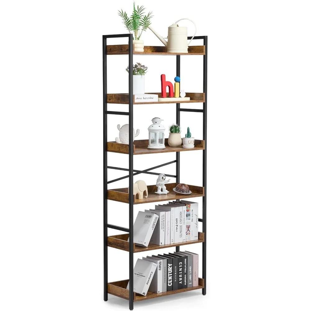 

Metal Bookshelf, 6-Tier Industrial Bookshelf, Tall Wide Rustic Vintage Storage Bookcase with Open Shelves, Freestanding Display