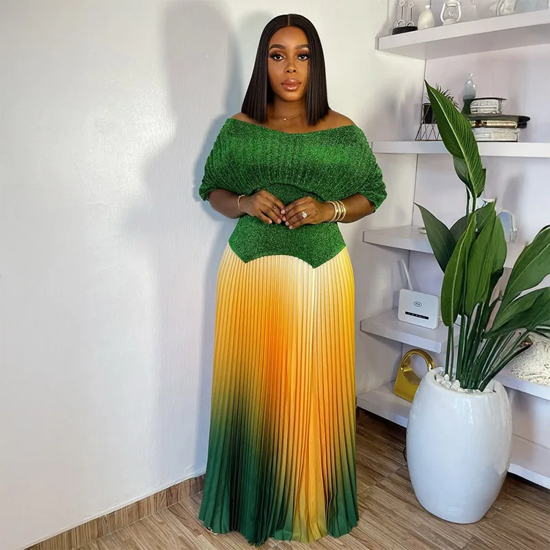 

Pleated Women 2 Piece Set 2025 Autumn New Loose Plus Size Skirt Set Miyake Top Gradient + Pleated Half-body Skirt Two Piece Set