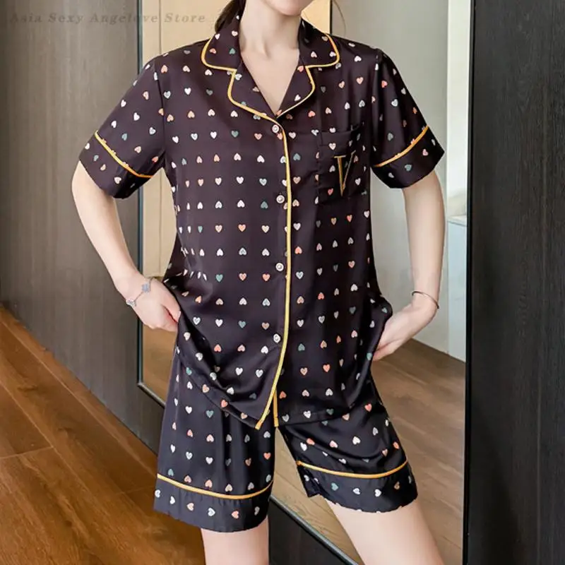 

Love Print Pajamas for Women Sweet Pijamas Suit Sleepwear Spring Summer Short Sleeve Top&Shorts Loungewear Silky Satin Homewear