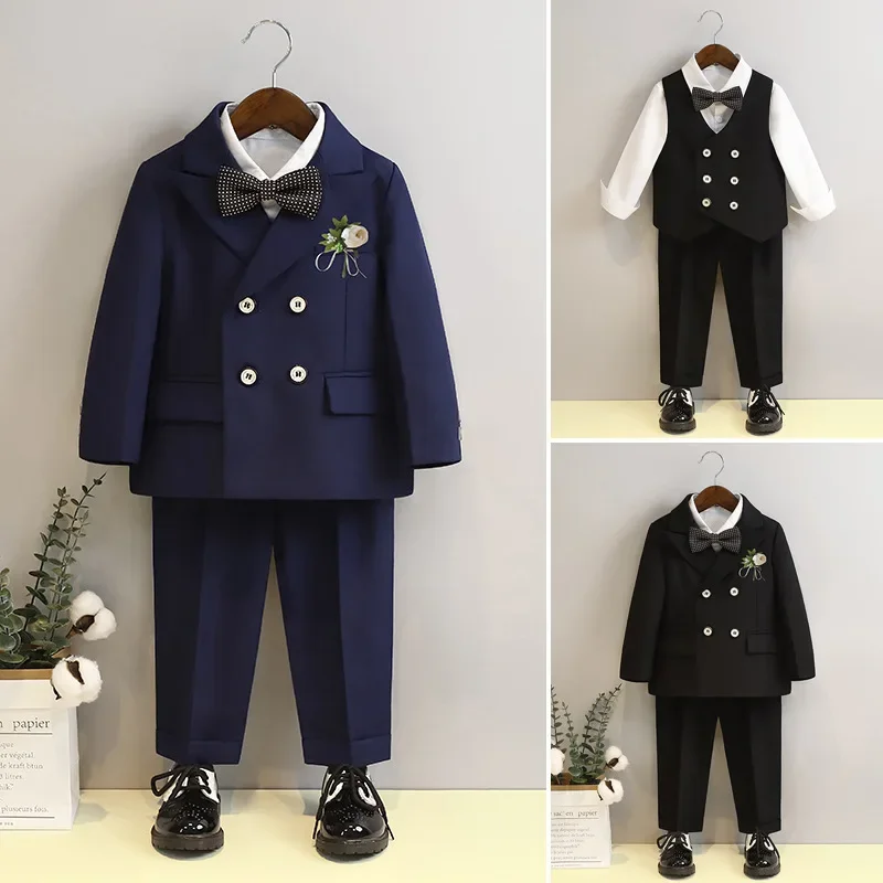 Business Suit for Boys Fashion Double Breasted Black All-match Flower Child Wedding Outfits Kids School Uniform Blazers Set 6 Y