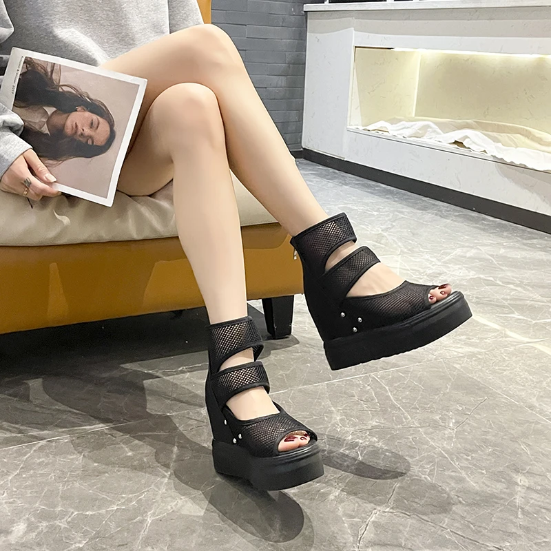 Summer Mesh Ankle Boots for Women Platform Sexy Zipper Punk Heels Short Boots Women Shoes 2024 Chelsea Boots Ladies Sandals