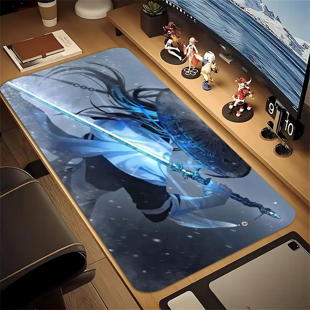 Dreamy Blue Swordsman Snow Mouse Pad Large Extended Gaming Desk Mat Non-slip Rubber Base Stitched Edges Graphic Design Pad