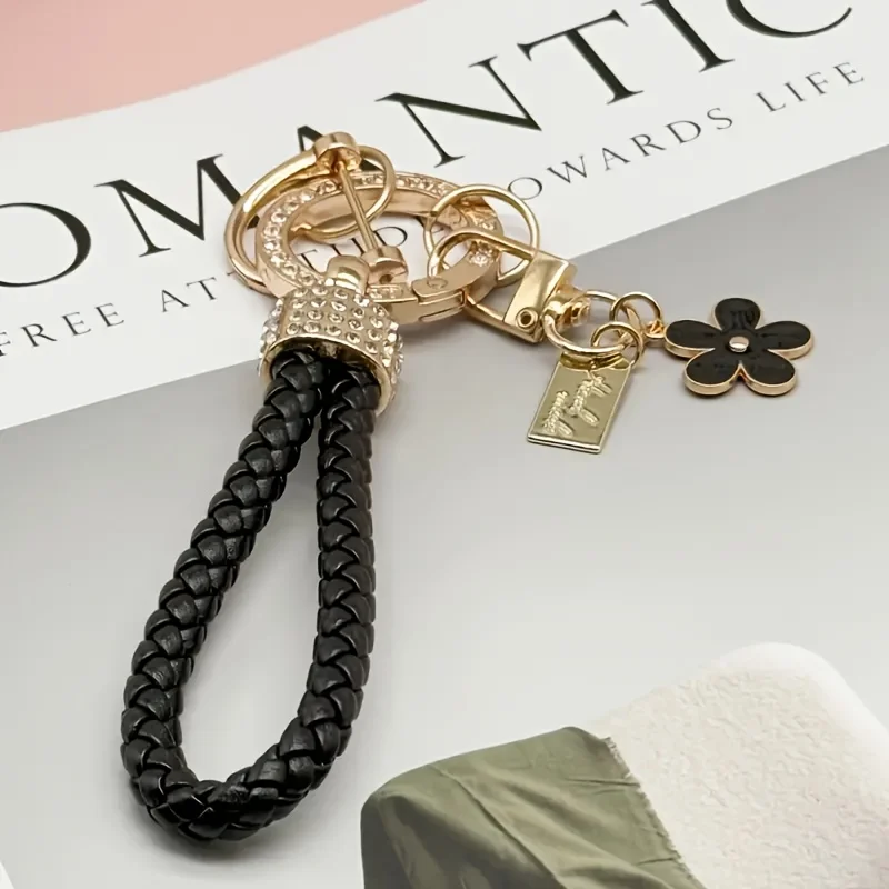 Elegant Woven Cord Keychain with Crystal-Encrusted Keyring And Flower-Shaped Tag, Alloy, Resin, Valentine'S Day Gift for Women
