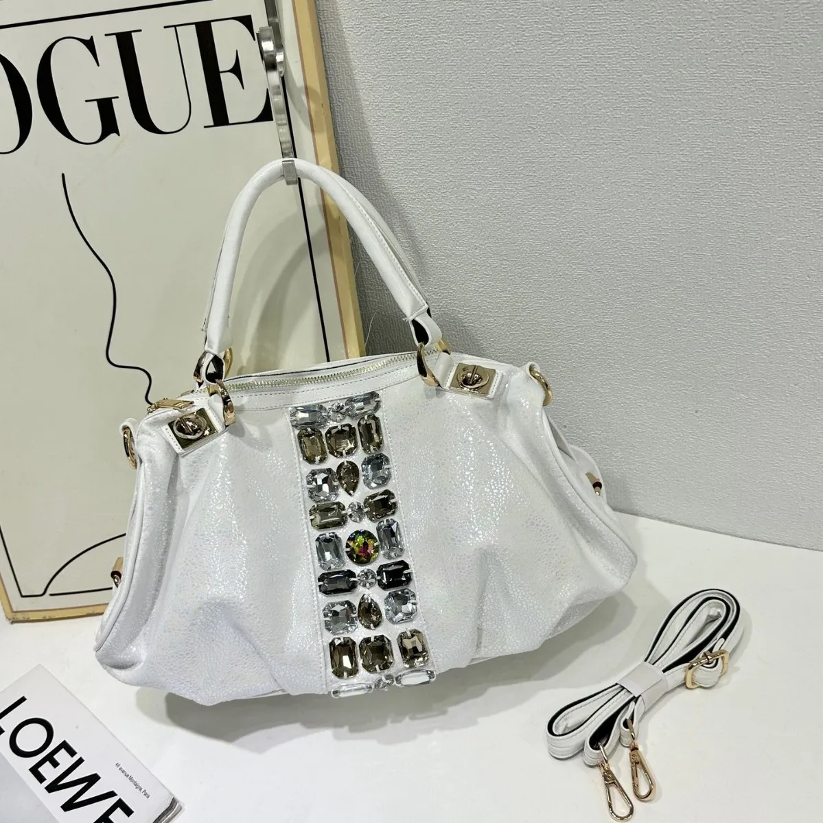 2026 New Women Rhinestone Handbag Shiny Gem Decor PU Leather Top Handle Tote Bag Detachable Crossbody Strap Daily Shoulder Purse