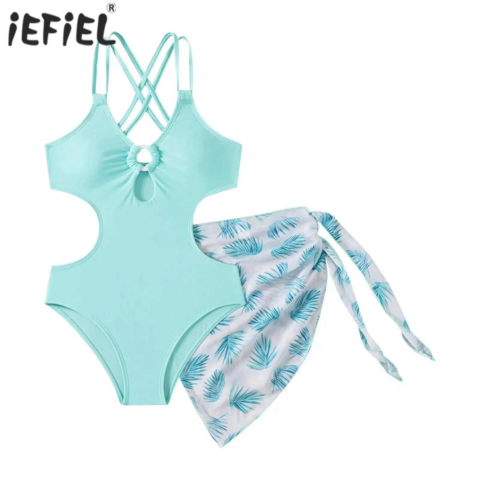 

Kid Girls Swim Leotard Sets One Piece Swimsuit Strappy Padded Cutout Waist Side Bathing Suit Swimwear Romper with Cover Up Skirt