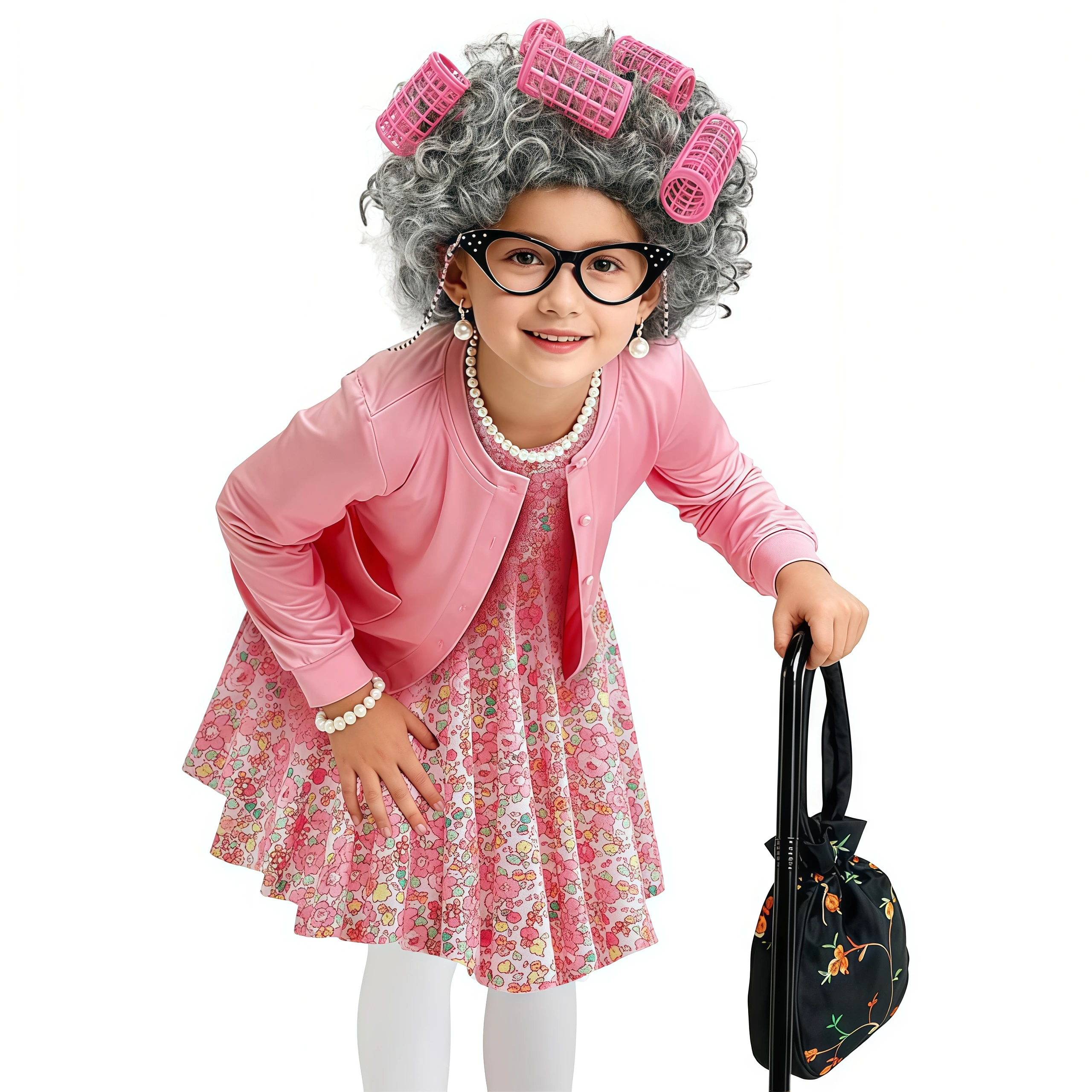 Girls 100th Day Of School Costume Old Lady Grandma Dress Up Accessories Set For Children Performance Halloween Carnival Roleplay